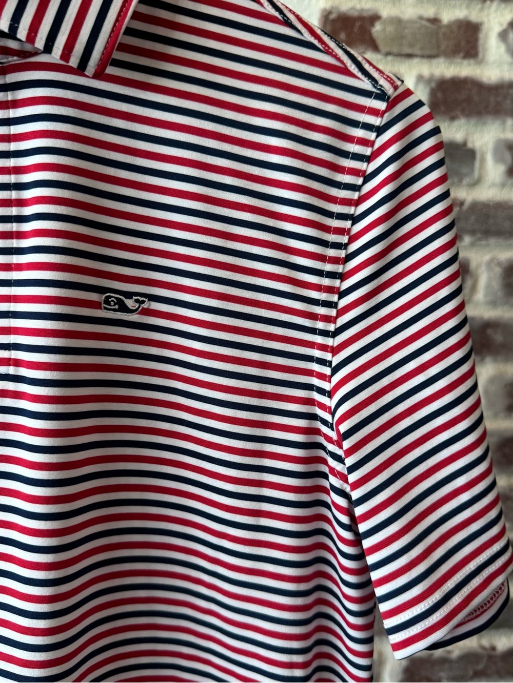 Vineyard Vines Boys XL Navy, Red & White Striped Short Sleeve Polo Shirt